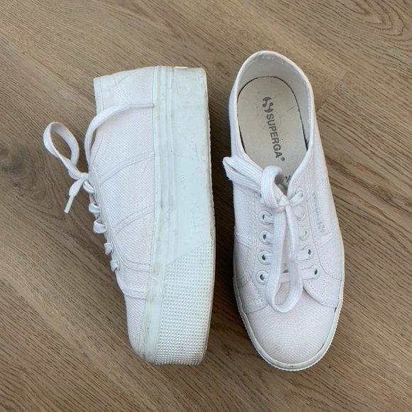 Superga Shoes - White Canvas Platform Superga Sneakers